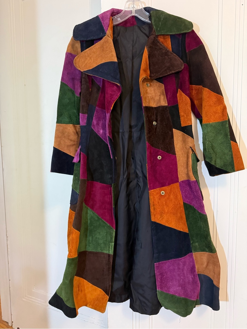 70s Vintage Multicolor Patchwork Suede Trench Coat, Great Condition, Sz Small - Picture 3 of 6